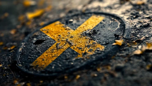 Weathered yellow road cross glows softly in autumn rain