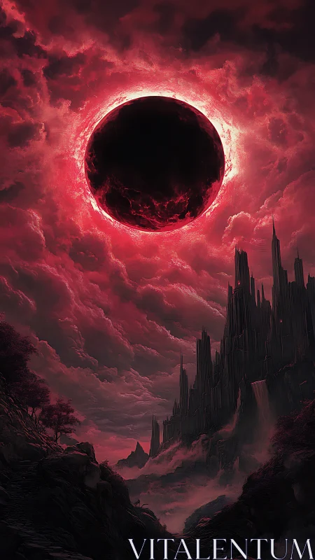 Crimson eclipse hangs over a dark spired fortress world.