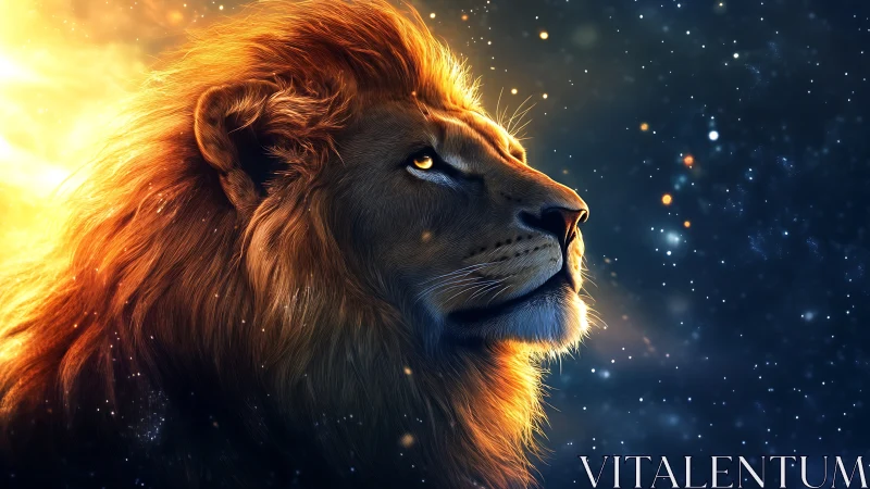 Stellar backlit lion profile in luminous cosmic nebula glow