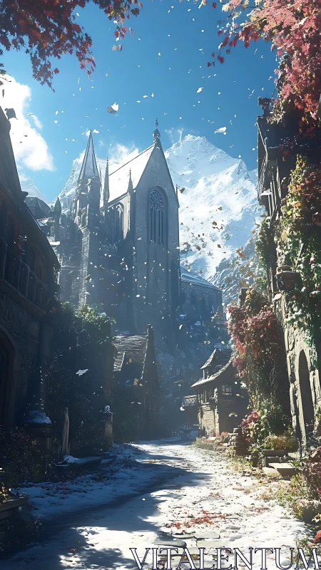 Snow-dusted village street below mountain church facade.