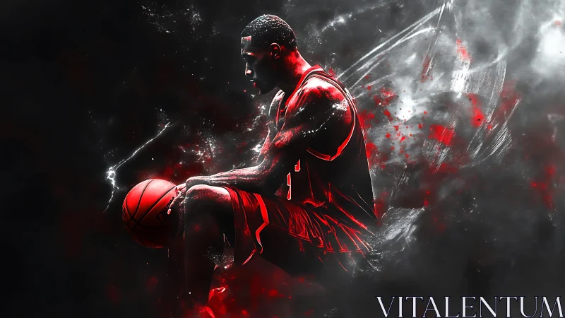 Silhouetted basketball player in red highlights on dark field.