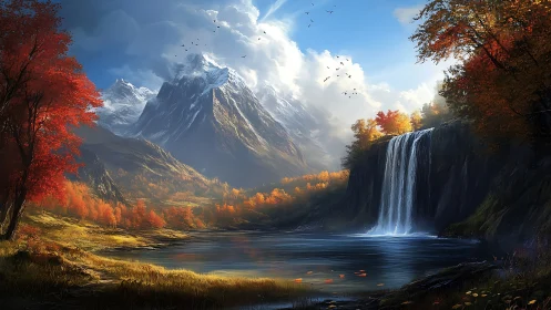 Autumn waterfall below towering snowcapped mountain peaks.