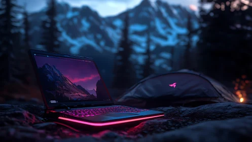 Gaming laptop glows at a mountain campsite under dusk skies