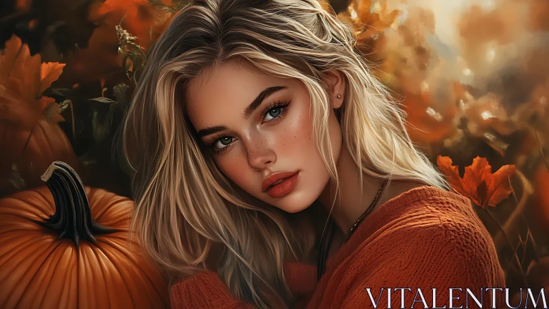 Autumn portrait of blonde woman with pumpkin and warm light.