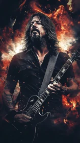 Blazing guitar saint crowned in stormy shards of fire.