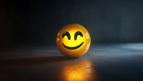 Glowing smiley sphere brightens a moody concrete space