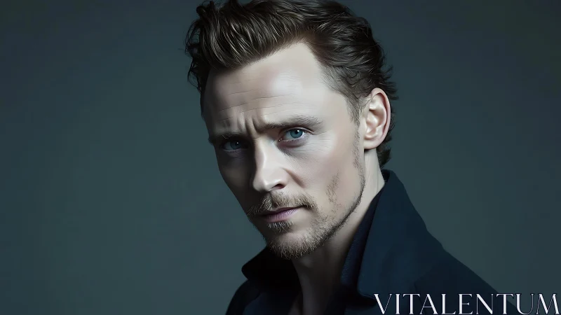 Intense blue-eyed portrait bathed in moody shadowed light.