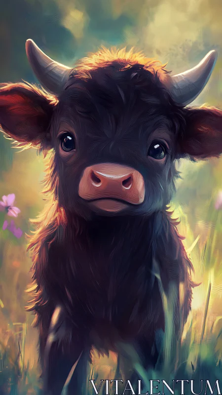 Gentle calf in glowing meadow light, gazing with soft wonder.