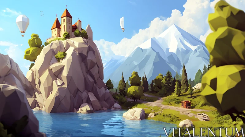 Low poly mountain lake with cliff castle and airships.