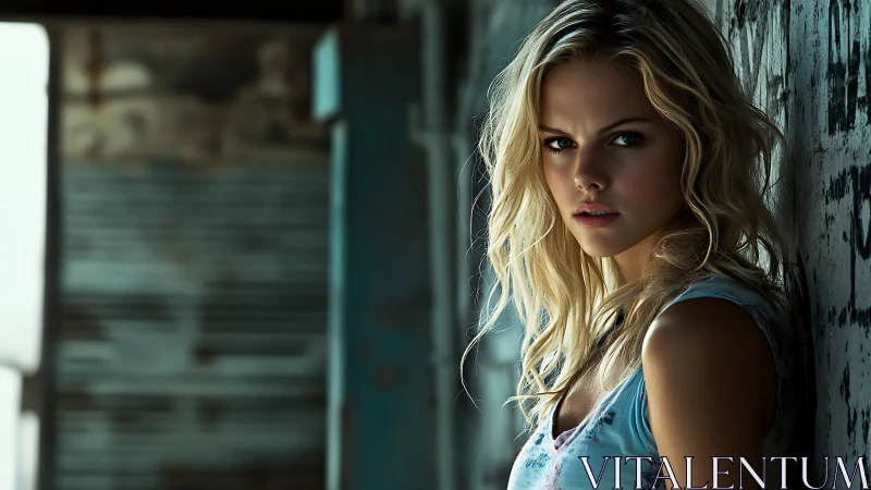 Young blonde woman stands in moody urban alleyway light