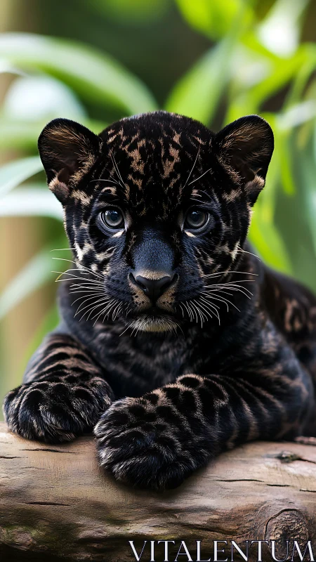 Black jaguar cub resting on log in soft jungle bokeh.