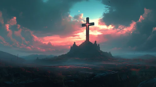 Solitary hilltop cross under dramatic neon sunset sky.