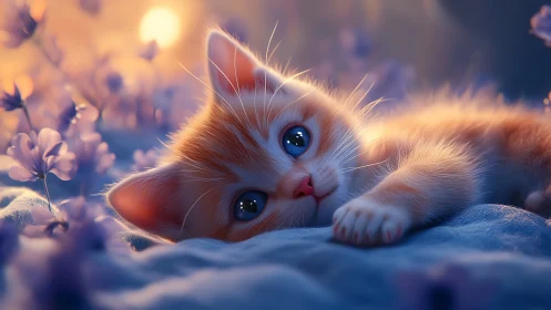 Luminescent White Kitten Gazes Through Golden Sunlight.