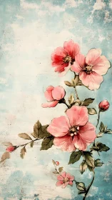 Watercolor floral study on distressed sky-grounded field.