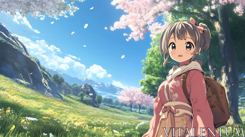 Springtime anime girl wanders under soft cherry blossoms