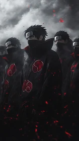 Masked shinobi squad under storm clouds with red ember particles