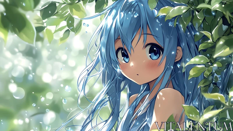 Hydrated blue‑haired anime subject with refracted leaf bokeh.
