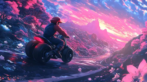 Motorcyclist rides toward a neon sunset over surreal hills