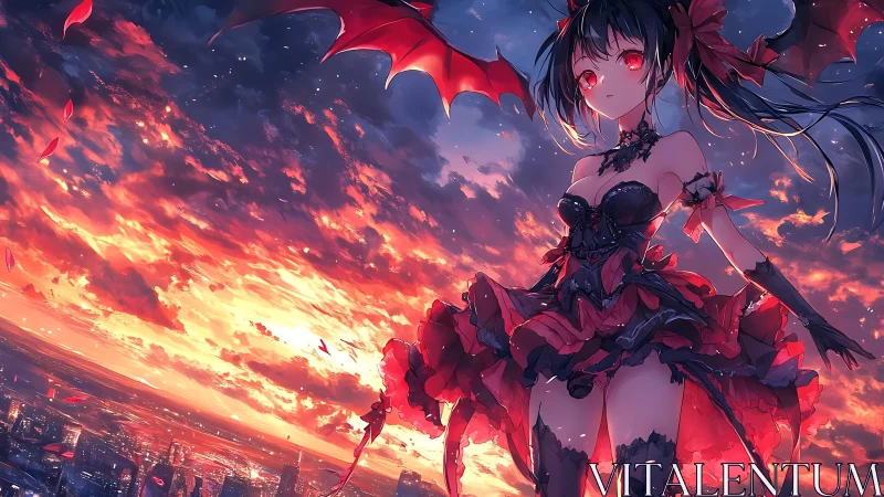 Twilight sky dance with a winged gothic anime heroine.