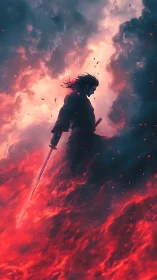 Lone sword warrior walks through rising fire and storm