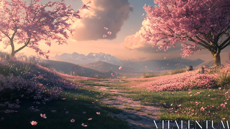 Cherry blossom valley path under glowing sunset sky.