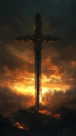 Burning ornate sword standing over a scorched horizon.