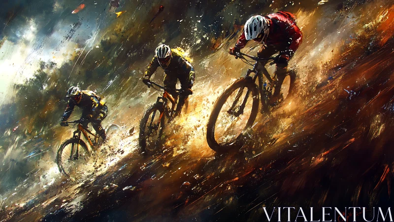Three cyclists descend muddy slope in dynamic painted motion