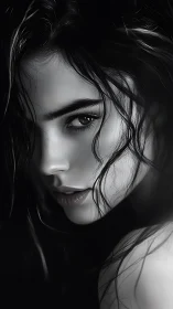 Shadow-kissed gaze carves light from the grayscale hush