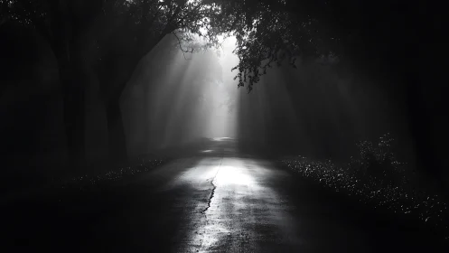 Quiet forest road glimmering under soft morning light.