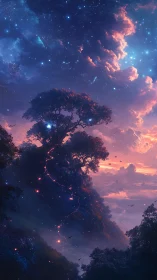 Starlit sky path winding toward a dreaming twilight tree.