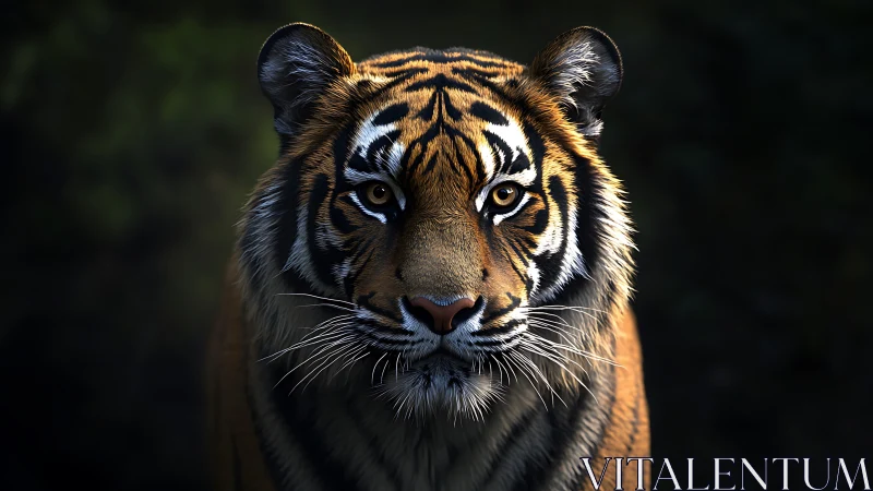 Gentle tiger gazing calmly from the forest shadows.