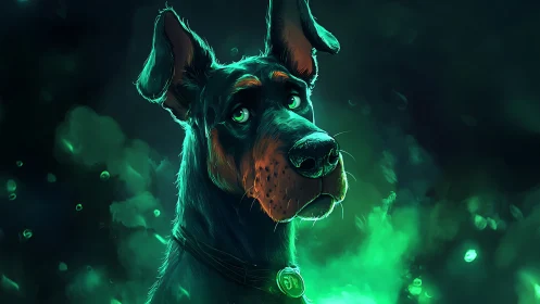 Luminous Doberman portrait glows in eerie emerald mist