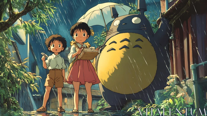 Two children and large forest creature stand together in rain.