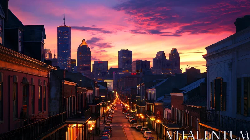Sunset boulevard ignites beneath a neon-kissed city skyline.