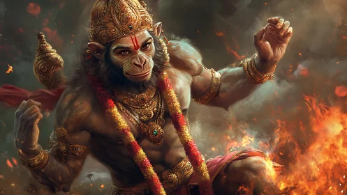 Mythic simian warrior in flaming battlefield, ornate regalia.