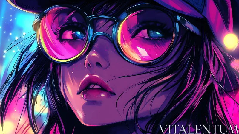 Neon-lit girl gazes through glowing cyberpunk glasses.