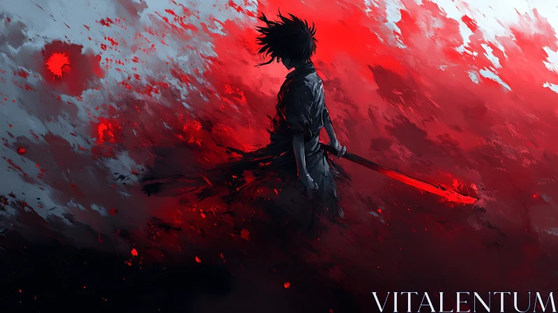 Lone swordsman stands in crimson storm of abstract fire.