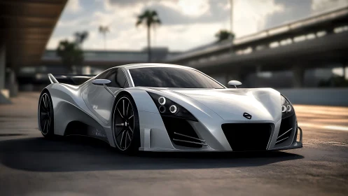 Silver futuristic sports car parked under urban overpass.