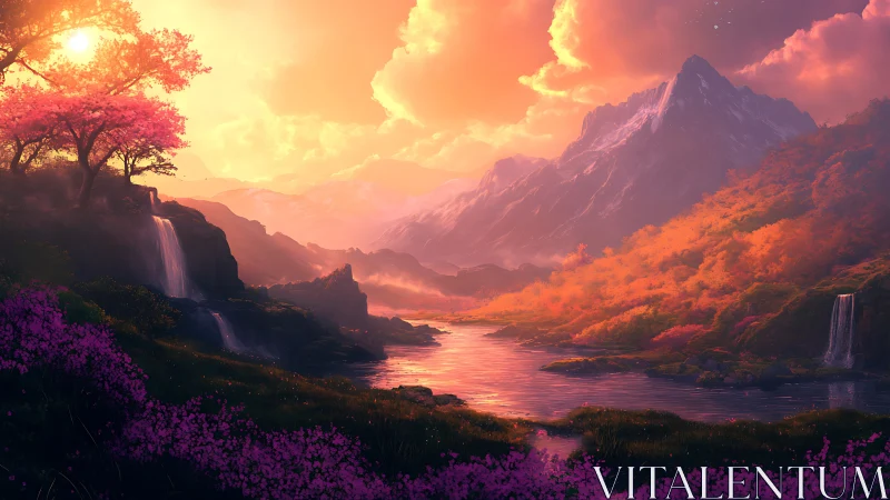 Dreamlit valley where crystal falls meet ember skies.