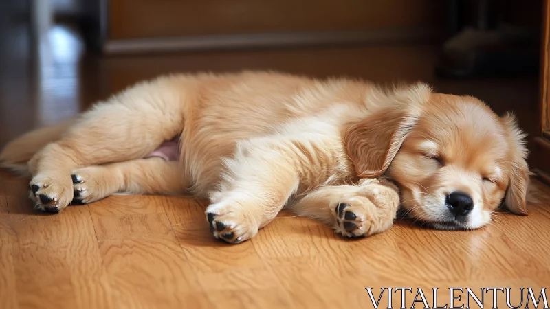 Sleepy golden puppy enjoys a peaceful nap on warm floor