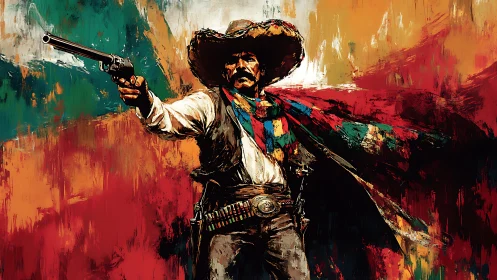 Bold gunslinger in vibrant desert colors and swirling dust.