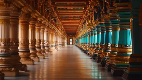 Endless temple colonnade drenched in turquoise and gold light.