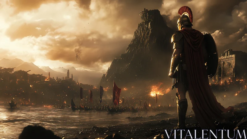 Armored warrior overlooks burning coastal city at dusk