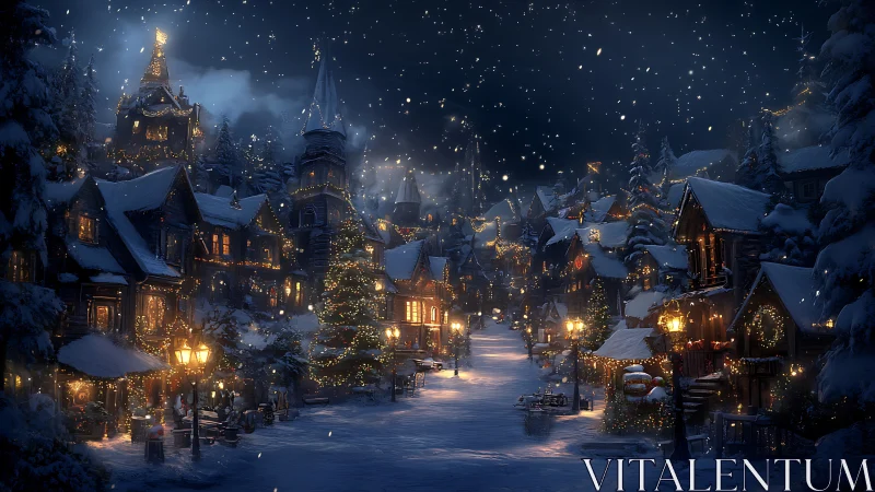 Snowy Christmas village street under warm night lights.