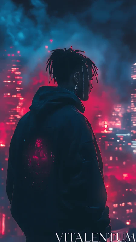 Silhouetted figure observes neon cityscape through colored fog