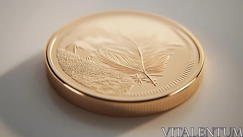 Gold commemorative coin with feather relief detail.