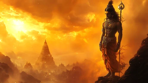 Mythic warrior watches temple horizon under blazing skies