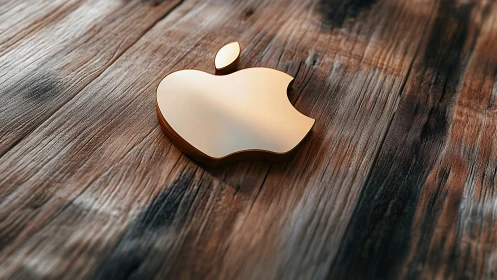 Polished Apple Logo on Wooden Surface with Directional Lighting.