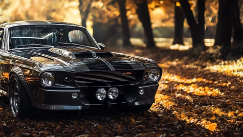 Classic black muscle car stands parked on autumn leaf ground