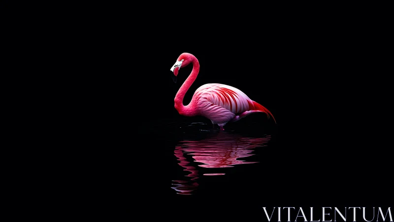 Solitary neon flamingo mirrored on black water surface.